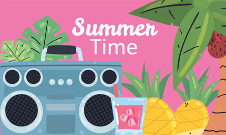 Summer time cocktail pineapples recorder and palm tree design, vacation and tropical theme Vector illustrationのイラスト素材
