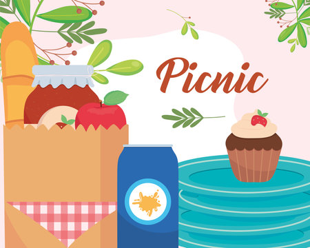 picnic food inside bag muffin and soda design, garden nature and hobby theme Vector illustrationのイラスト素材
