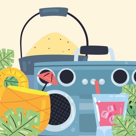 Summer recorder pineapple cocktail and sand bucket design, vacation and tropical theme Vector illustrationのイラスト素材