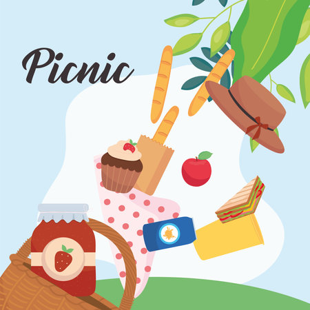 picnic basket with food icons design, garden nature and hobby theme Vector illustrationのイラスト素材