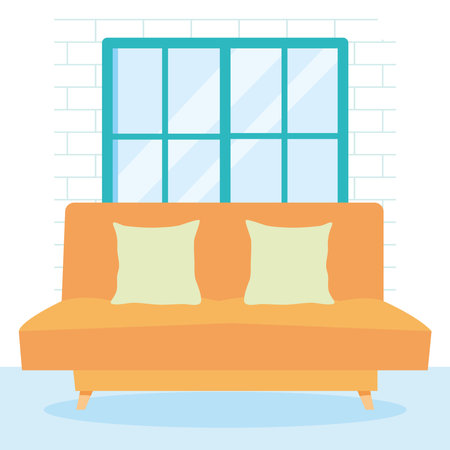 interior house design orange couch with green cushions and blue window over white background, colorful design, vector illustrationのイラスト素材