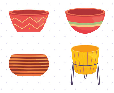 decorative plantpots over white background with dots design, colorful design, vector illustrationのイラスト素材