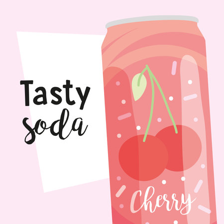 tasty soda design of cherry can icon over pink background, colorful design, vector illustrationのイラスト素材