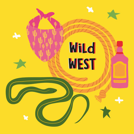 wild west design with cowboy scarf and relared icons over yellow background, colorful design, vector illustrationのイラスト素材