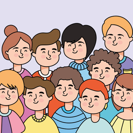 cartoon happy people wearing casual clothes over purple background, colorful design, vector illustrationのイラスト素材