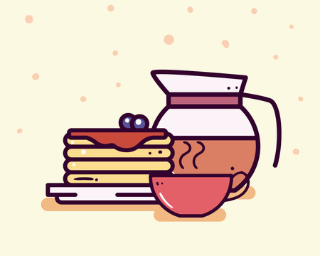 Breakfast coffee cup and pot line and fill style icon design, food meal and fresh theme Vector illustrationのイラスト素材