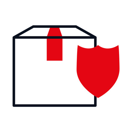 package box and red shield icon over white background, half line half color style, vector illustrationのイラスト素材