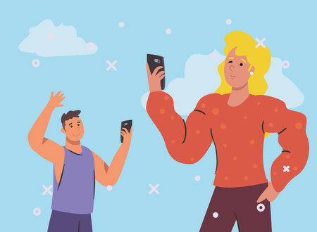woman and man with smartphone and clouds design, Cellphone mobile digital and phone theme Vector...