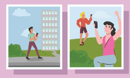 people with smartphone and building in frames design, Cellphone mobile digital and phone theme Vector illustrationのイラスト素材