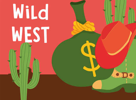 Wild west boot with hat money bag and cactus design, Western America and usa theme Vector illustrationのイラスト素材