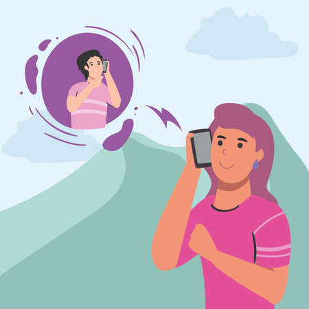 woman with smartphone calling man friend design, Cellphone mobile digital and phone theme Vector illustrationのイラスト素材