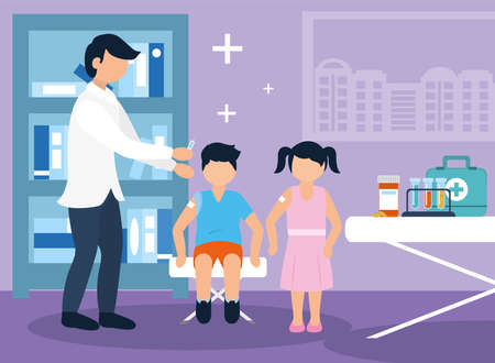 virus vaccine kids and doctor design of 2019 virus theme Vector illustrationのイラスト素材