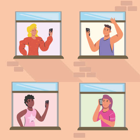 people with smartphone at windows building design, Cellphone mobile digital and phone theme Vector illustrationのイラスト素材