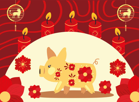 Chinese new year 2021 pig with red flowers and candles design, China culture asia and oriental theme Vector illustrationのイラスト素材