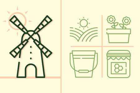 windmill and farm icon set over yellow background, half line style, vector illustrationのイラスト素材