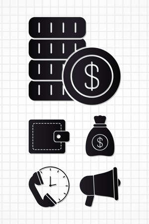 money coins and related icons over white background, silhouette style, vector illustrationのイラスト素材