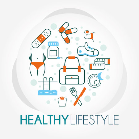 health lifestyle design over white background, line style, vector illustrationのイラスト素材