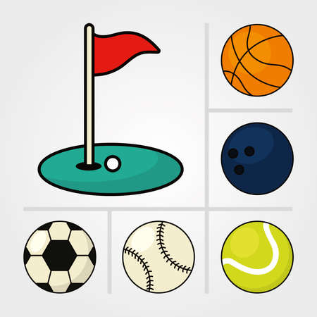 sport balls and golf flag over white background, line anf fill style, vector illustrationのイラスト素材