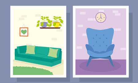 home couch and chair in frames labels design, room and decoration theme Vector illustrationのイラスト素材