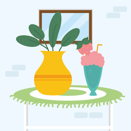 home plant inside pot and milkshake on table design, room and decoration theme Vector illustrationのイラスト素材