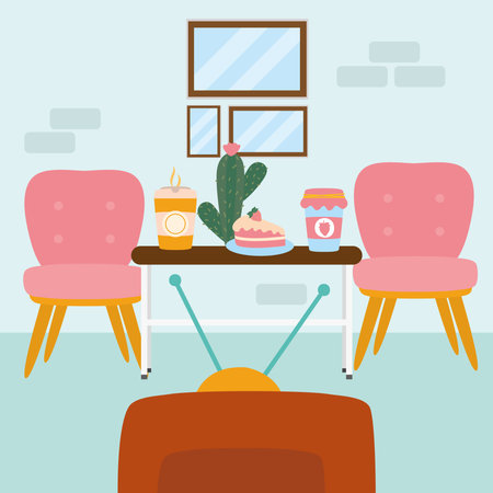 home chairs and sweet food on table in front of tv design, room and decoration theme Vector illustrationのイラスト素材