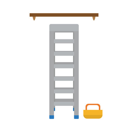 ladder, wooden shelf and tools box over white background, flat style, vector illustrationのイラスト素材