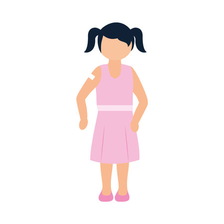 girl standing with adhesive bandage for the vaccine over white background, flat style, vector illustrationのイラスト素材