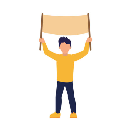 cartoon man holding a protesting placard over white background, colorful design, vector illustration