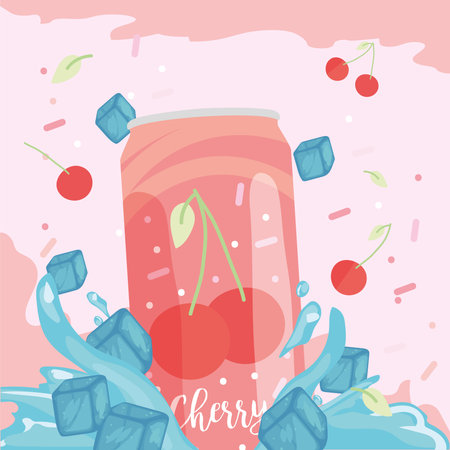 Soda can of cherry with ice cubes design, Tasty drink beverage and liquid theme Vector illustrationのイラスト素材
