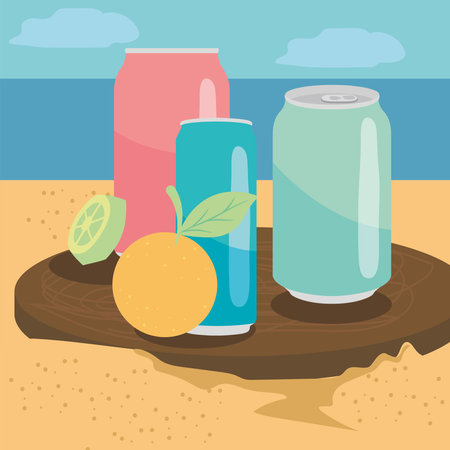 Soda cans with orange and lemon at beach design, Tasty drink beverage and liquid theme Vector illustrationのイラスト素材