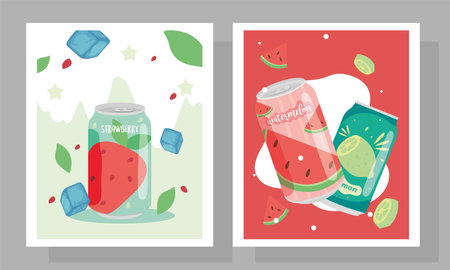 Tasty soda cans of strawberry watermelon and lemon with ice cubes design, drink beverage and liquid theme Vector illustrationのイラスト素材