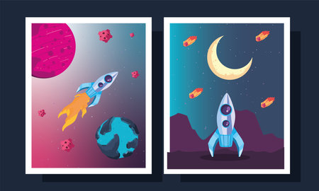 Space rockets in frames of universe cosmos and futuristic theme Vector illustrationのイラスト素材