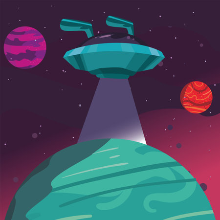 Space ufo and green planet of universe cosmos and futuristic theme Vector illustrationのイラスト素材