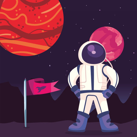 Space astronaut with flag and planets of universe cosmos and futuristic theme Vector illustrationのイラスト素材