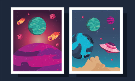 Space planets and ufo in frames of universe cosmos and futuristic theme Vector illustrationのイラスト素材