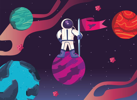 Space astronaut with flag on planet of universe cosmos and futuristic theme Vector illustrationのイラスト素材
