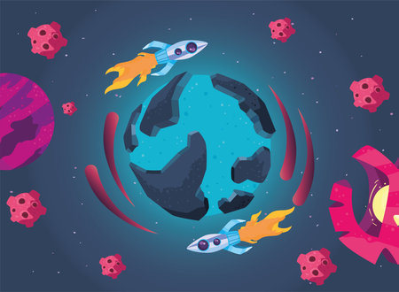 Space rockets around blue planet of universe cosmos and futuristic theme Vector illustrationのイラスト素材