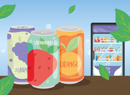 Soda cans of grape strawberry orange and fridge design, Tasty drink beverage and liquid theme Vector illustrationのイラスト素材
