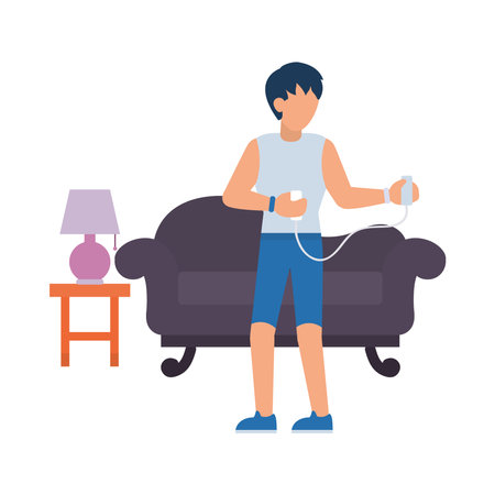 daily routines design, man exercising in the living room mover white background, flat style, vector illustrationのイラスト素材
