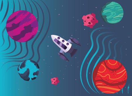 Space rocket and planets of universe cosmos and futuristic theme Vector illustrationのイラスト素材