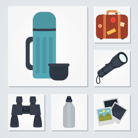 icon set of travel stuff over white background, colorful design, vector illustrationのイラスト素材