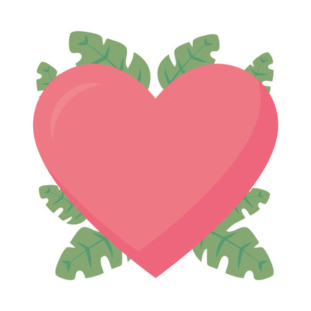 pink heart with tropical leaves over white background, flat style, vector illustrationのイラスト素材