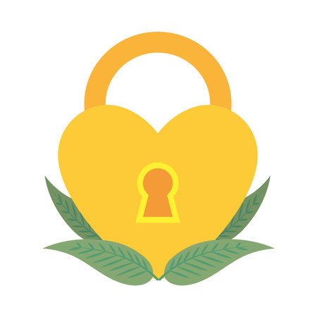 yellow heart shaped padlock and leaves over white background, flat style, vector illustrationのイラスト素材