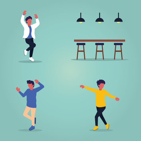 cartoon men dancing and disco bar over blue background, colorful design, vector illustrationのイラスト素材