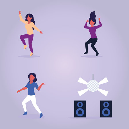 icon set of women dancing and disco lamp and speakers over purple background, colorful design, vector illustrationのイラスト素材