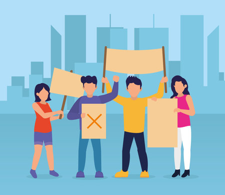 cartoon people standing protesting with placards over blue background, colorful design, vector illustrationのイラスト素材