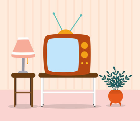 living room with retro television, lamp and decorative lamp, colorful design, vector illustrationのイラスト素材