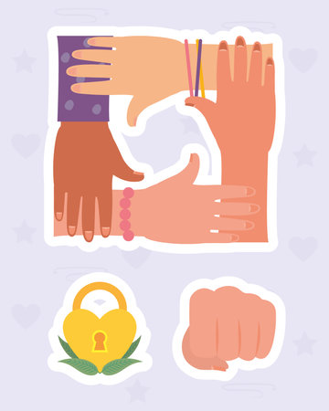girl power design with hands and heart padlock over purple background, flat style, vector illustrationのイラスト素材