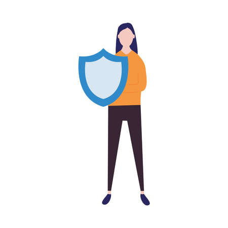 woman protecting herself from covid with a shield over white background, colorful design, vector illustrationのイラスト素材