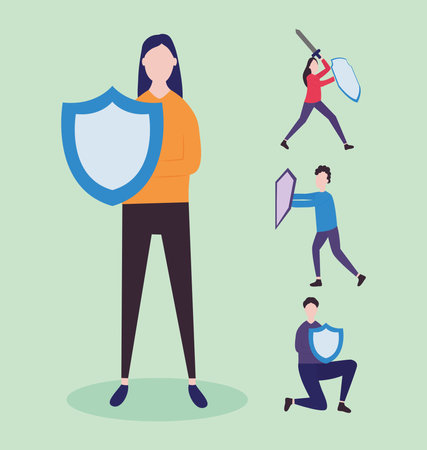 people with shields and swords collection over green background, colorful design, vector illustrationのイラスト素材